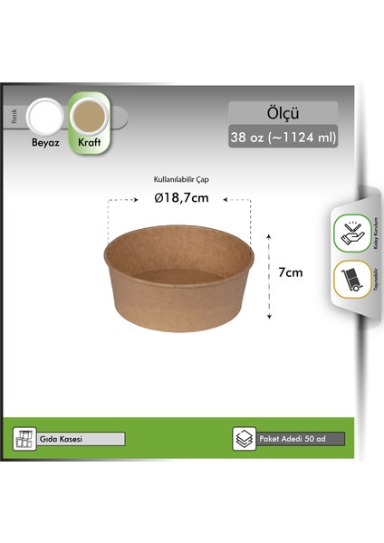Karton Gıda Kasesi Kraft 38 Oz - 100 Adet