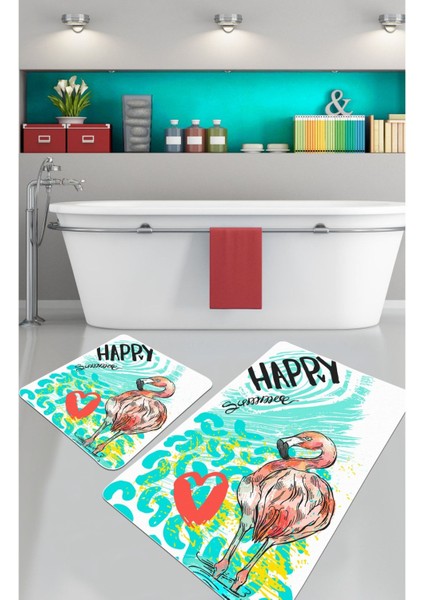 Happy Flamingo Colorful 2 Li Set Yıkanabilir Kaymaz Taban Banyo Halısı,Paspası