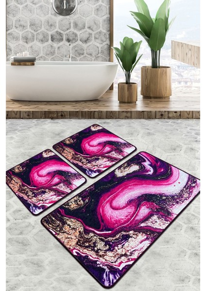 Pastry Banyo Halısı Djt 3 Lü Set Banyo Paspası Kaymaz Tabanlı Klozet Takımı