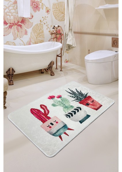 Happy Cactus Djt Ekru Banyo 70X120 cm Kaymaz, Yıkanabilir, Banyo Halısı, Paspası