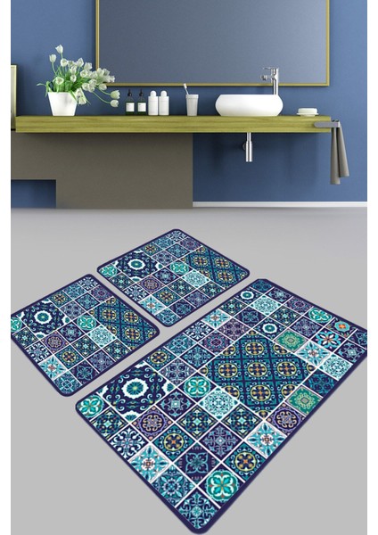 Carres Bleus Banyo Halısı 3'lü Set Banyo Paspası Kaymaz Tabanlı Klozet Takımı Djtbanyo