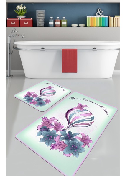 Purple Balloon 2 Li Set Djt Banyo Halısı Kaymaz Tabanlı Klozet Takımı Paspas Seti