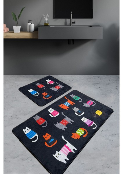 Black Cats Djt 2 Li Set Banyo Halısı, Paspas