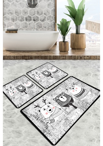 Three Bears Banyo Halısı Djt 3 Lü Set Banyo Paspası Kaymaz Tabanlı Klozet Takımı