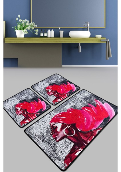 Pink Hair Banyo Halısı Djt 3 Lü Set Banyo Paspası Kaymaz Tabanlı Klozet Takımı