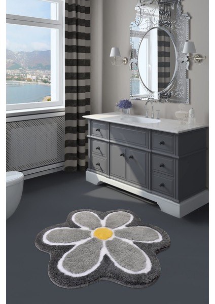 Flower Gri Çap 90 Cm Banyo Halısı Akrilik