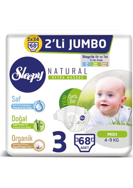 Natural Bebek Bezi 3 Beden Midi 4-9 Kg 68li Jumbo Paket