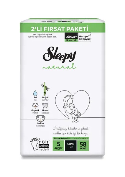 Bebek Bezi Natural 5 Beden Junior 11-18 Kg 58li Fırsat Paket