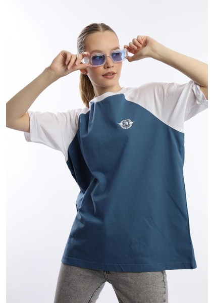 Kadın Oversize Fit Reglan Kol Basic Tişört Indigo