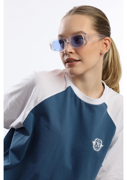 Kadın Oversize Fit Reglan Kol Basic Tişört Indigo
