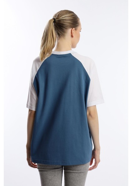 Kadın Oversize Fit Reglan Kol Basic Tişört Indigo
