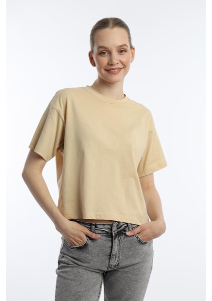 Kadin Oversize Fit Crop Tişört Bej