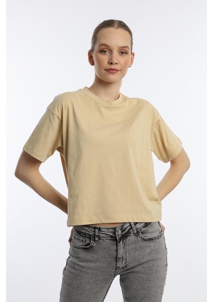 Kadin Oversize Fit Crop Tişört Bej