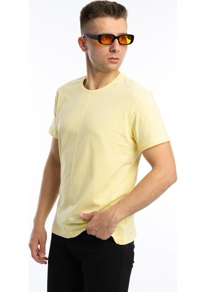 Erkek Bisiklet Yaka Regular Fit Carbon Fırçalı Tişört Sarı