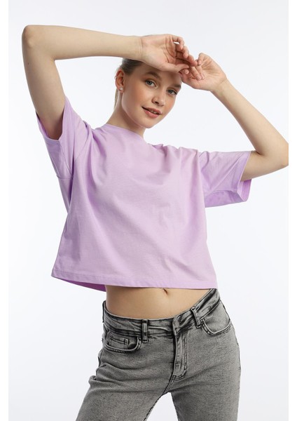 Kadin Oversize Fit Crop Tişört Lila