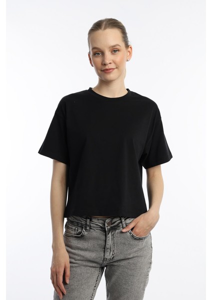 Kadin Oversize Fit Crop Tişört Siyah