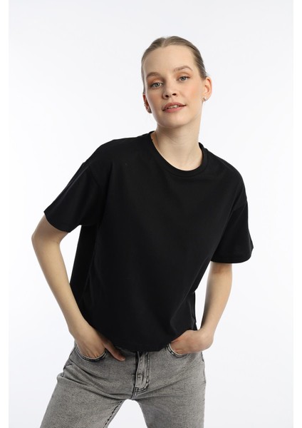 Kadin Oversize Fit Crop Tişört Siyah