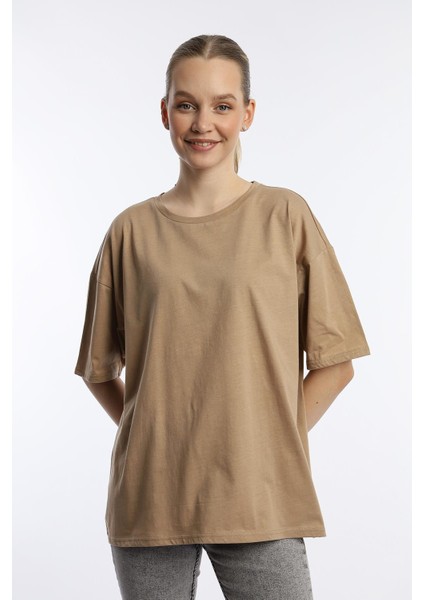 Kadın Oversize Bisiklet Yaka Tişört Vizon fiyatları