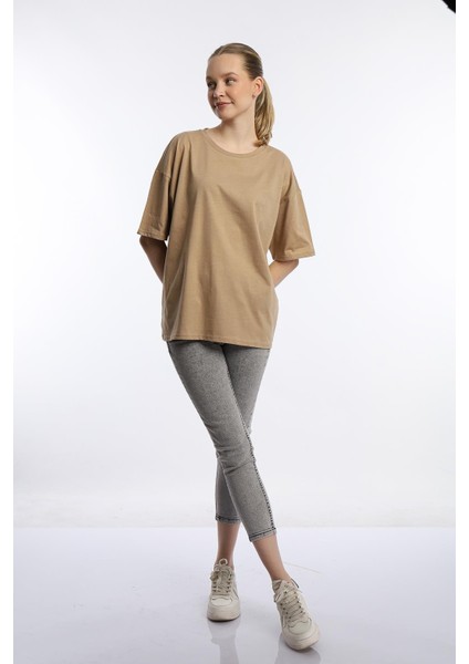 Kadın Oversize Bisiklet Yaka Tişört Vizon modelleri