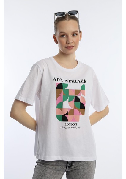 Kadın Art Atelier Baskılı Regular Fit Tişört Beyaz