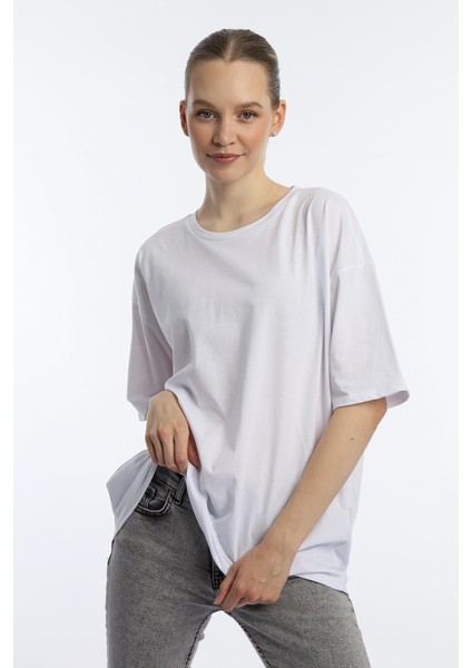 Kadın Oversize Bisiklet Yaka Tişört Beyaz