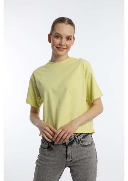 Kadin Oversize Fit Crop Tişört Sarı