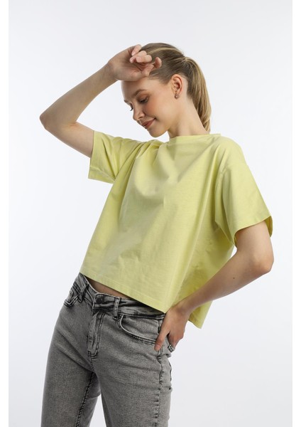Kadin Oversize Fit Crop Tişört Sarı fiyatları