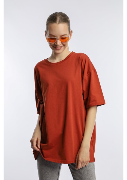 Kadın Oversize Bisiklet Yaka Tişört Kiremit