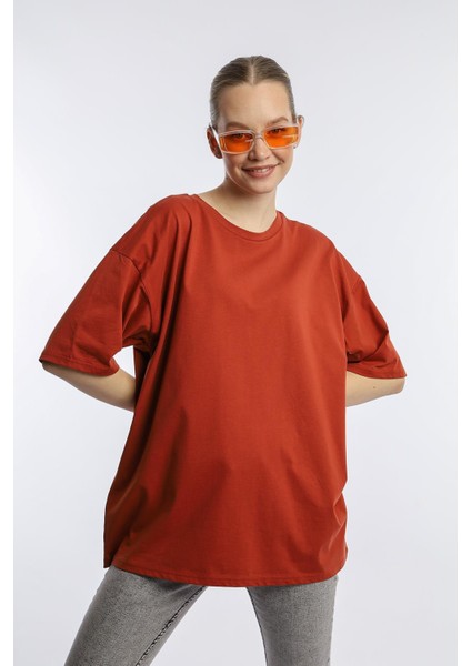 Kadın Oversize Bisiklet Yaka Tişört Kiremit fiyatları