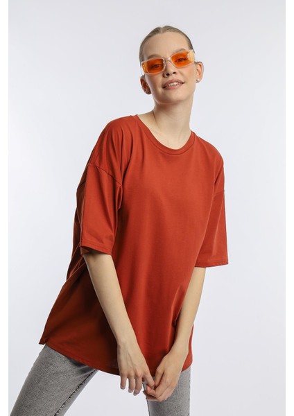 Kadın Oversize Bisiklet Yaka Tişört Kiremit modelleri