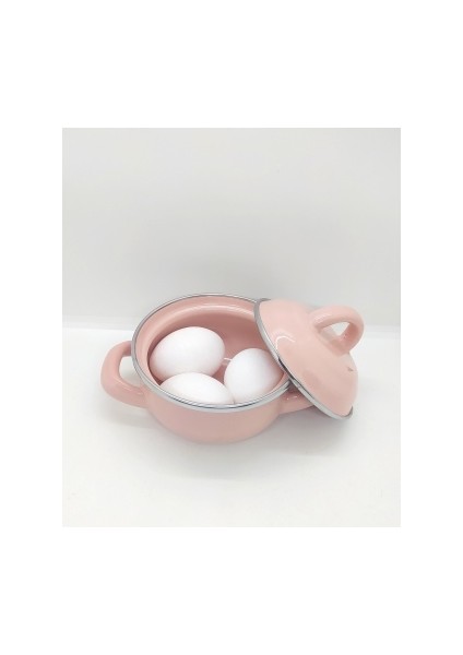 Ebruli Emaye Süper Mini 12 cm Pembe Emaye Bebek Mama Yumurta Tencere