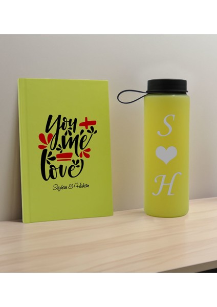 Sevgiliye Özel Isimli Sarı Defter ve Cam Matara Hediye Seti