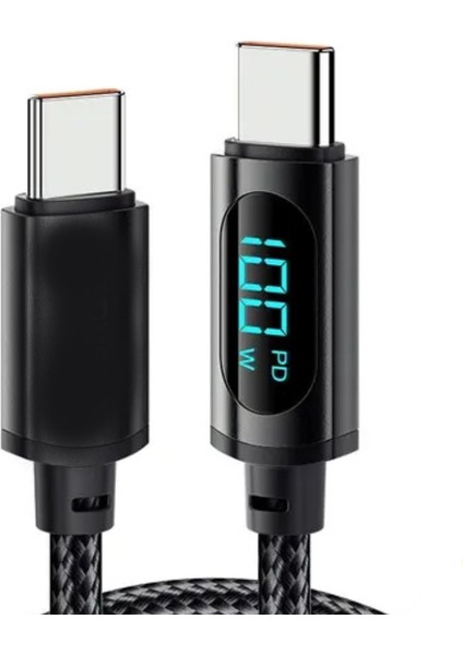 PD100W 5A Type-C To Type-C Dijital Göstergeli Örgülü Hızlı Şarj Data Kablosu Siyah