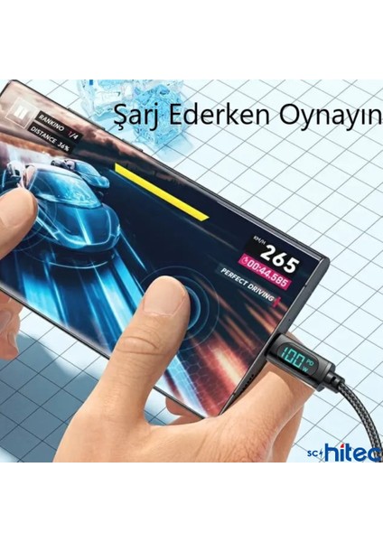 PD100W 5A Type-C To Type-C Dijital Göstergeli Örgülü Hızlı Şarj Data Kablosu Siyah