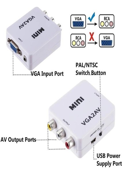 VGA To Av 3rca 1080P Video Çevirici Dönüştürücü Adaptör 3.5mm