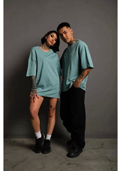 Erkek 24/1 Düz  Oversize T-Shirt - Mint Yeşili