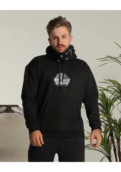 Erkek Sırt Baskılı Kapüşonlu Üç Iplik Oversize Sweatshirt - Siyah