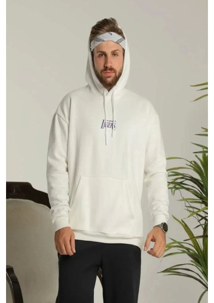 Erkek 24 Sırt Baskılı Ovresize Üç Iplik Kapüşonlu Sweatshirt - Beyaz