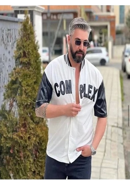 Erkek Complex Kolları Deri Kolej Oversize T-Shirt - Beyaz