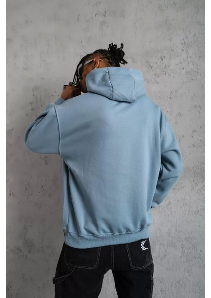 Erkek Armalı Baskılı Kapüşonlu Sweatshirt - Mavi