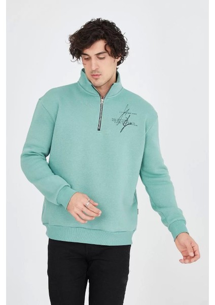 Erkek Yarım Fermuarlı Baskılı Sweat - Mint Yeşili