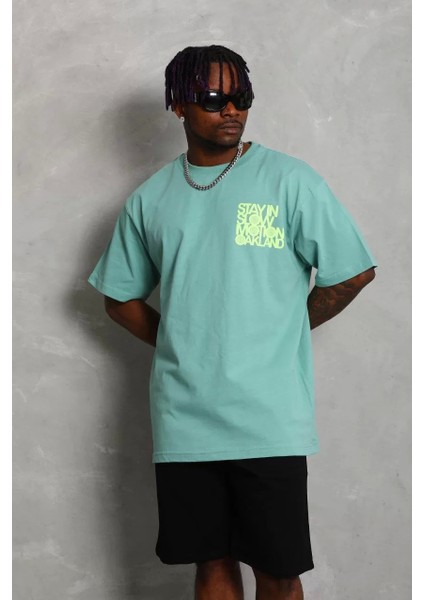 Oversize Baskılı Bisiklet Yaka T-Shirt - Mint Yeşili