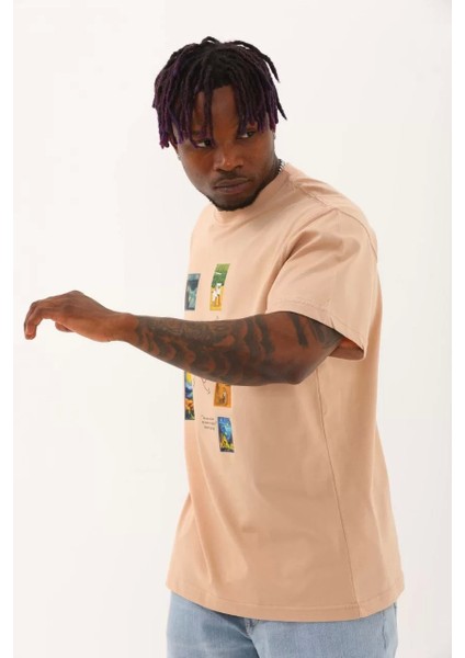Oversize Baskılı Bisiklet Yaka T-Shirt - Bej fiyatları