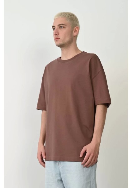 Basic Bisiklet Yaka Oversize T-Shirt - Mürdüm