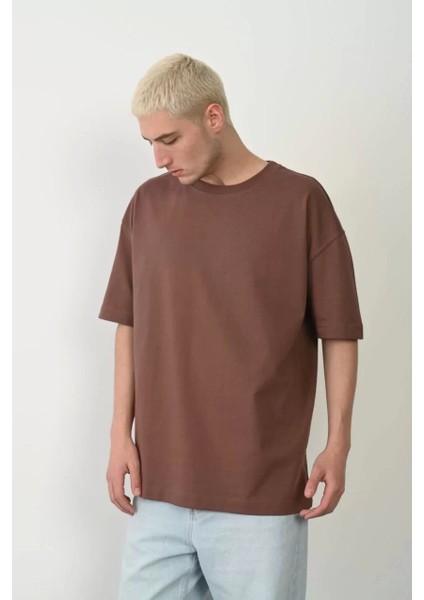 Basic Bisiklet Yaka Oversize T-Shirt - Mürdüm