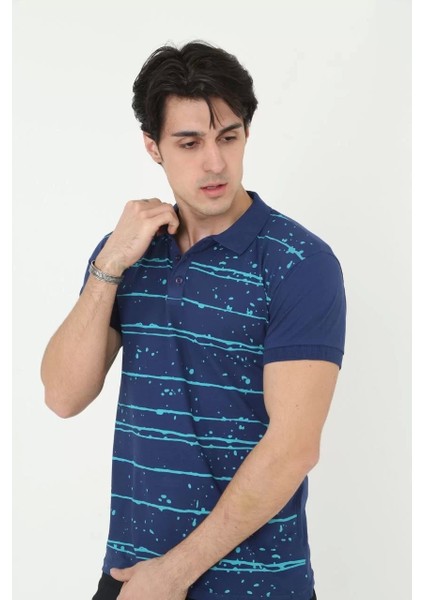 Erkek Yakalı Slim Fit Pike Çizgili T-Shirt - Mavi