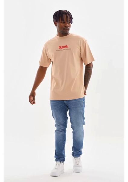 Baskılı Oversize T-Shirt - Bej