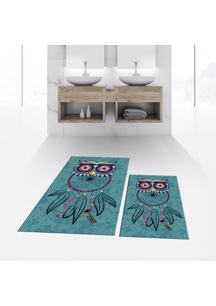 Dijital Baskılı Kaymaz Taban Yıkanabilir Ikili Banyo Paspas Klozet Takımı, V-Klozet-35-Mavi,