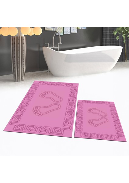 Dijital Baskılı Kaymaz Taban Yıkanabilir Ikili Banyo Paspas Klozet Takımı, V-Klozet-18-Pembe,