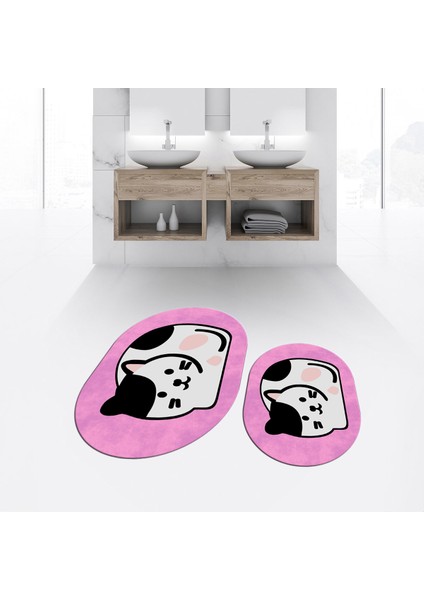 Dijital Baskılı Kaymaz Taban Yıkanabilir Oval Ikili Banyo Paspas Klozet Takımı, V-O-Klozet-43-Pembe,